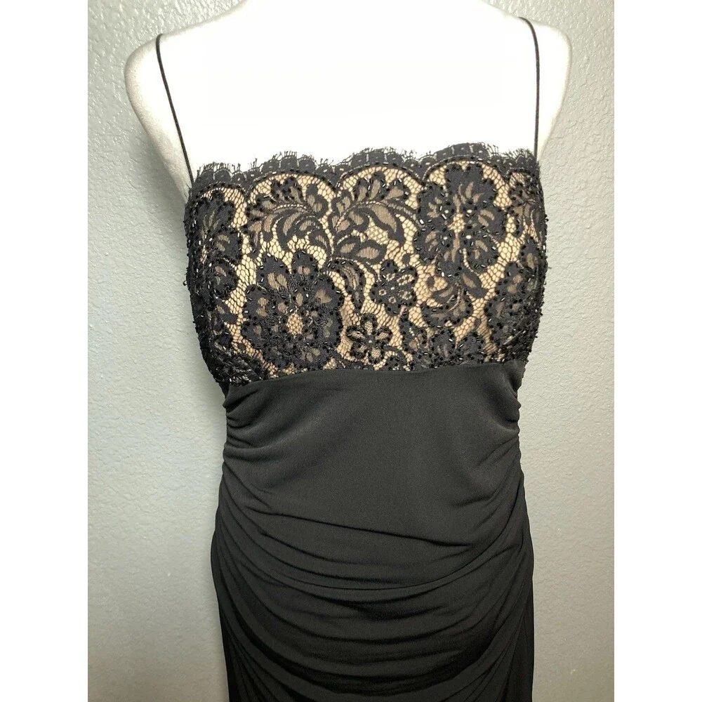 Black Cocktail Party Slip Dress Floral Lace Nude Beaded Spaghetti Strap 12P - Picture 5 of 10